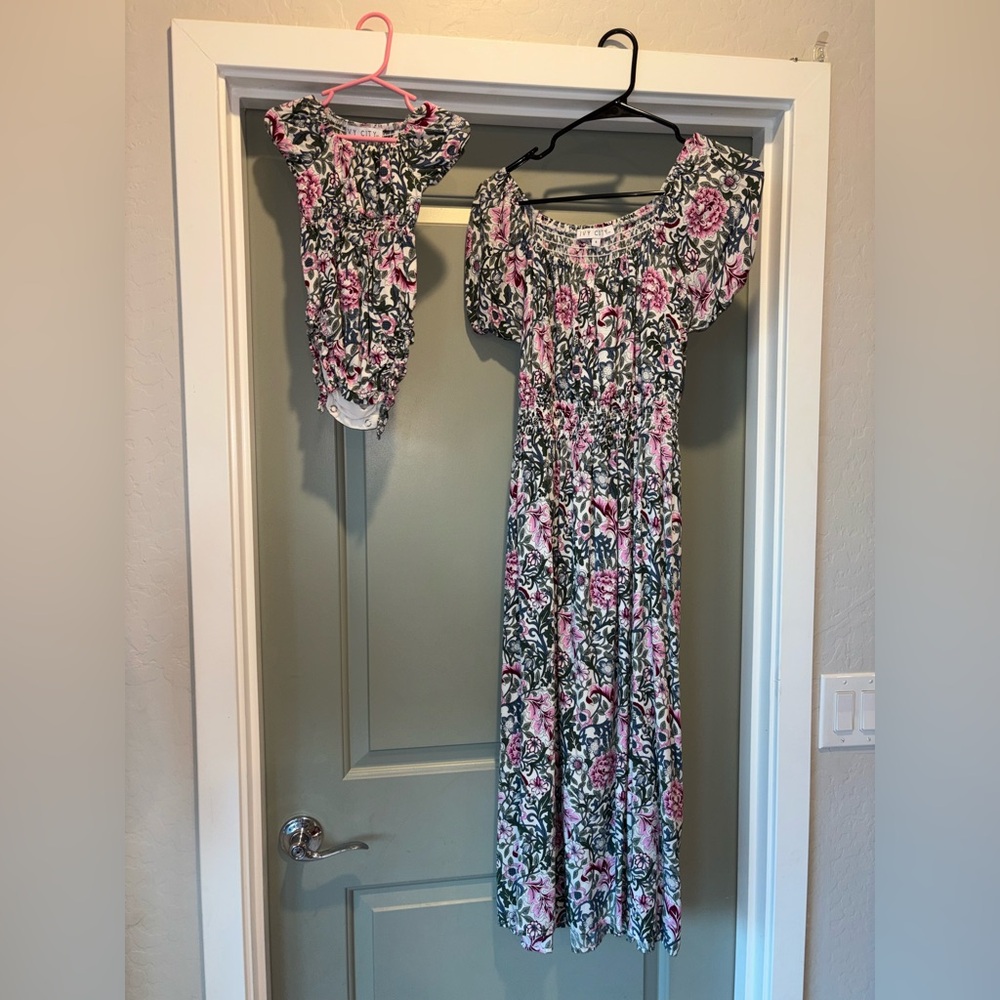 Ivy City Co Pink and Blue Floral Dress matching mom & Me